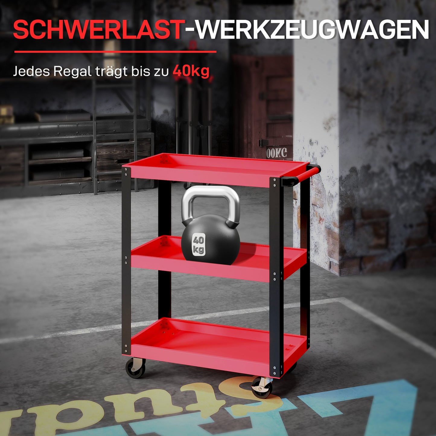 HOMCOM Werkzeugwagen mit 3 Ebenen, Metallrahmen, 120 kg Belastbarkeit, Rollen, Griff, Rot