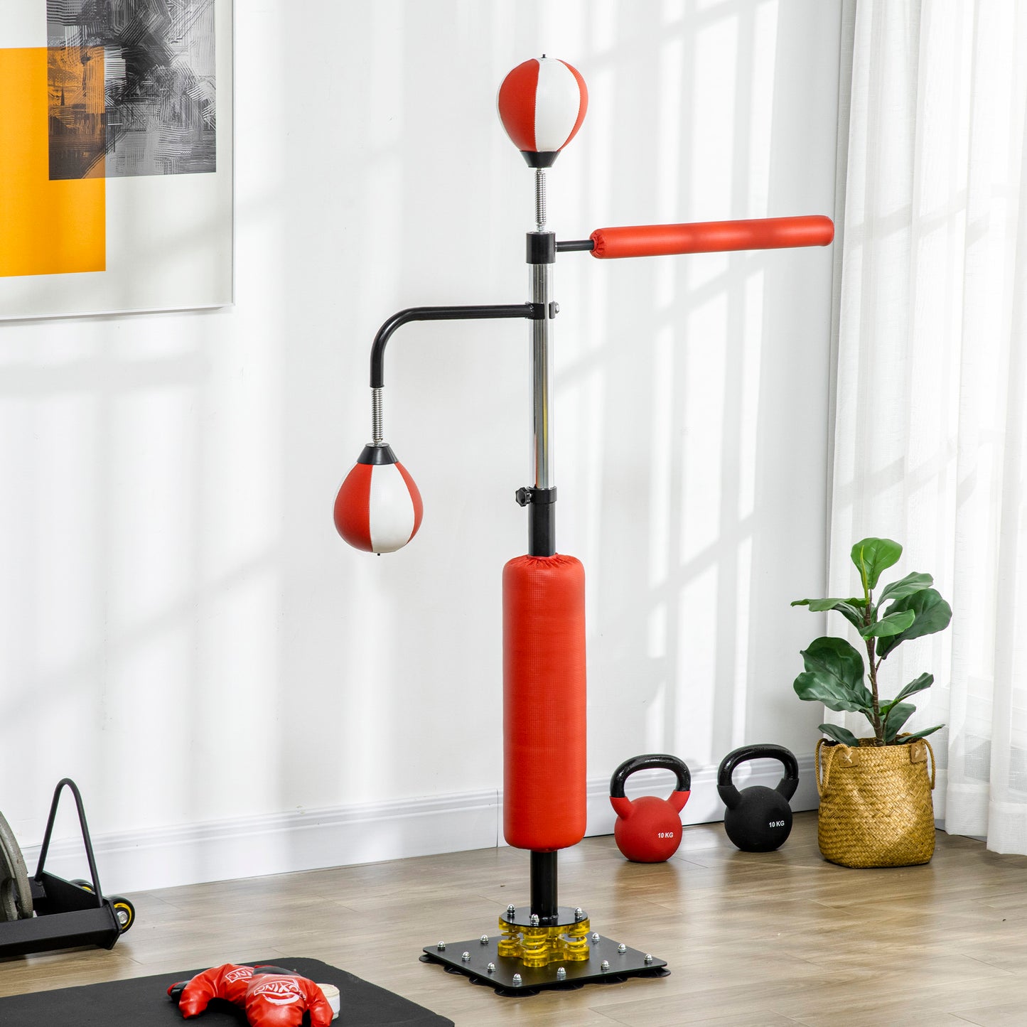 SPORTNOW Boxstand, zwei Speedballs, drehbare Boxstange, Kickpolster, höhenverstellbar, Stahl, 107 x 36 x 140-205cm