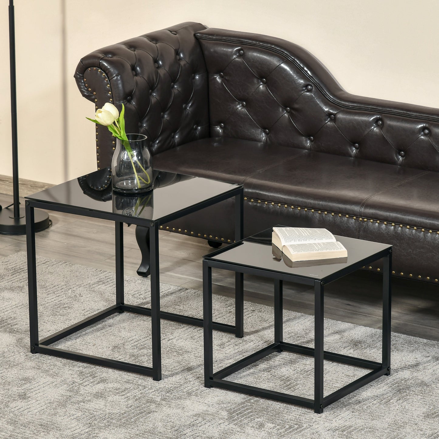 HOMCOM 2er-Set Beistelltische, modernes Design, stapelbar, Glastisch, Schwarz