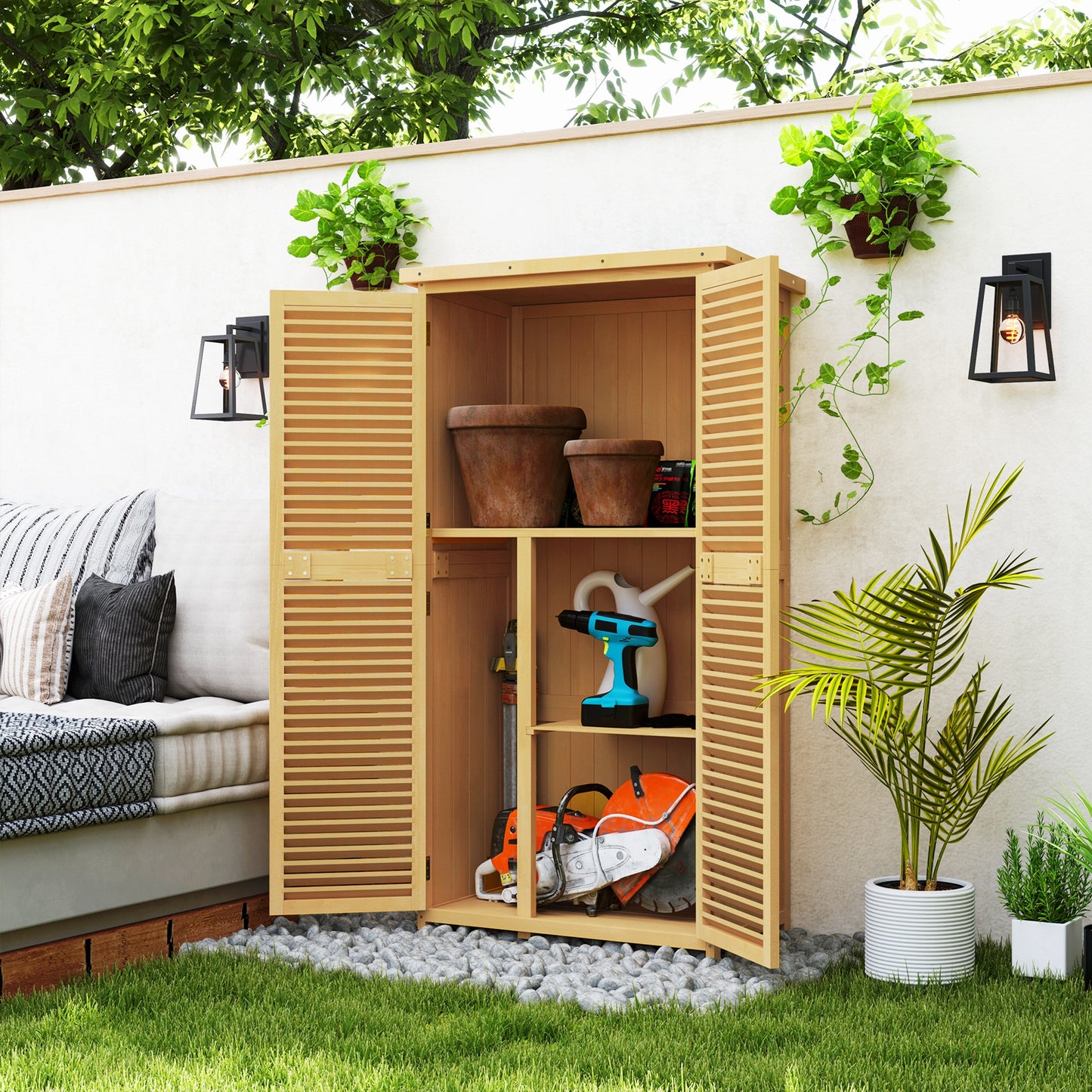 Outsunny Gartenkommode wetterfest, 2 Türen mit Schloss, Kiefernholz, 87L x 46,5B x 160H cm, Hellgelb