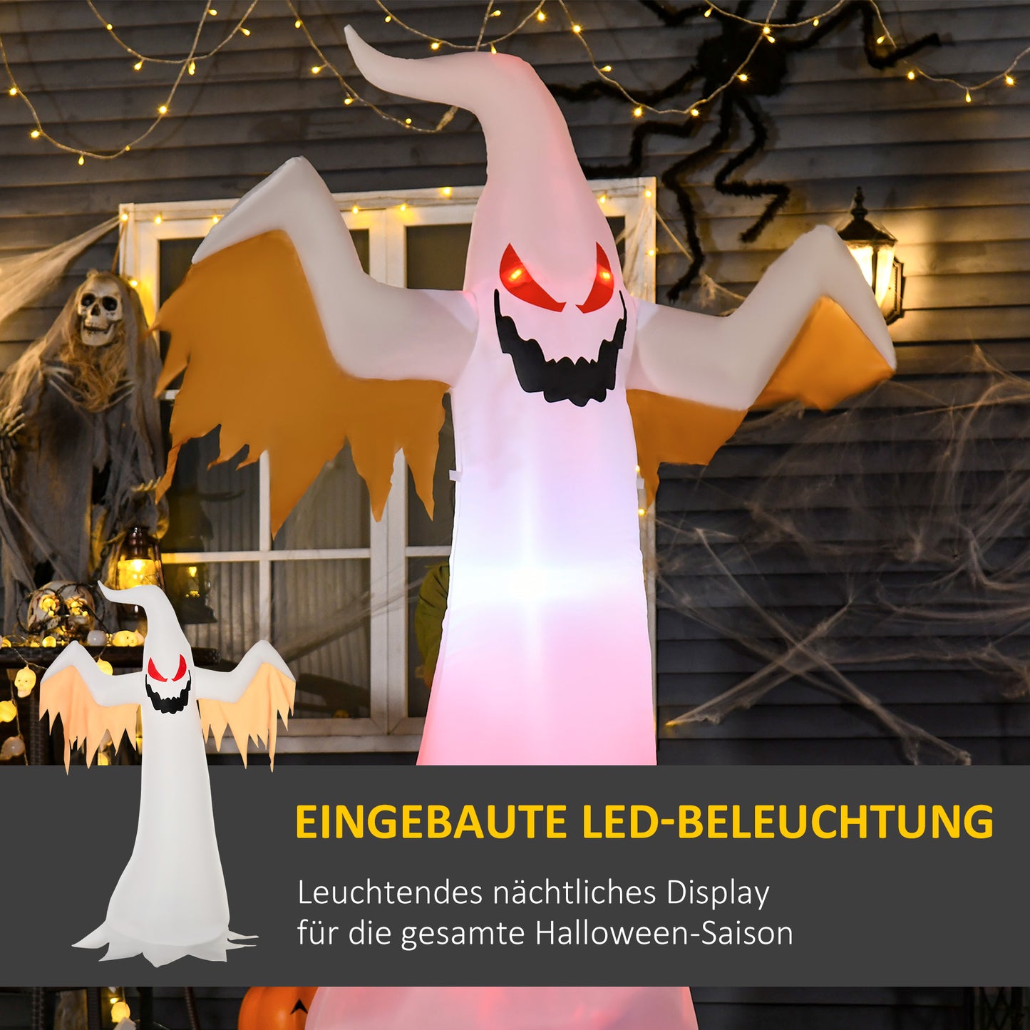 HOMCOM Halloween aufblasbares Gespenst 2,4 m Dekoration mit LEDs IP44 Selbstaufblasender Polyester Weiß + Rot 150 x 80 x 240 cm