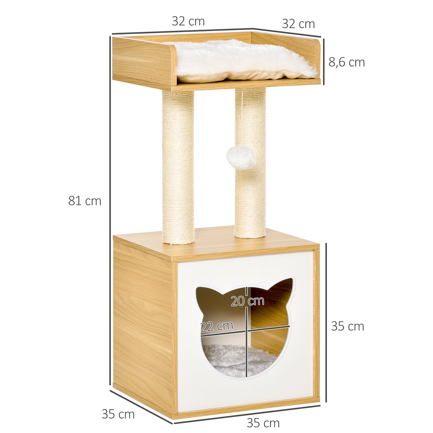Pawhut Katzenhöhle mit 2 weichen Kissen Katzenbaum mit Katzenbett Spielzeug Kugel Katzenhaus, Sisal Natur 35 x 35 x 81 cm