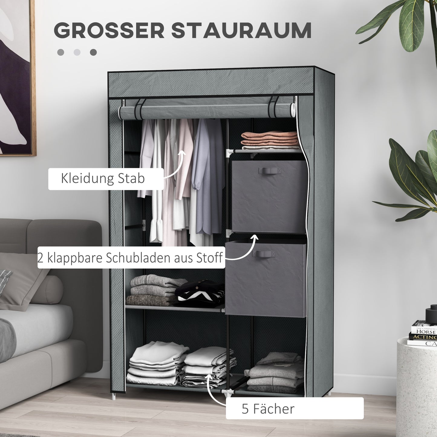 HOMCOM Stoffschrank Kleiderschrank faltbarer Schrank, 1 Kleiderstange, 6 Regalböden, 102 x 42.5 x 162.5 cm, Grau