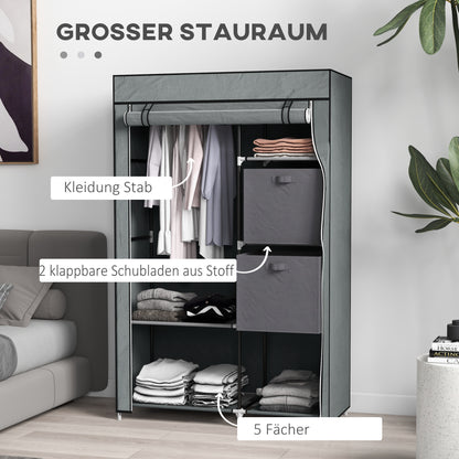 HOMCOM Stoffschrank Kleiderschrank faltbarer Schrank, 1 Kleiderstange, 6 Regalböden, 102 x 42.5 x 162.5 cm, Grau