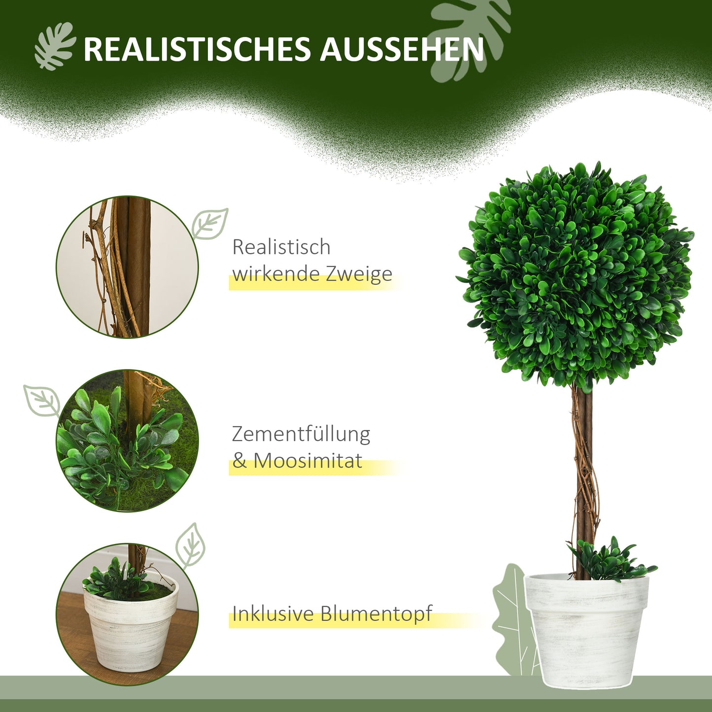 HOMCOM 2er-Set künstliche Buchsbäume Kunstpflanze künstliche Pflanzen, inkl. Kunstmoos, 1 Übertopf, 28 cm x 28 cm x 60 cm, Grün