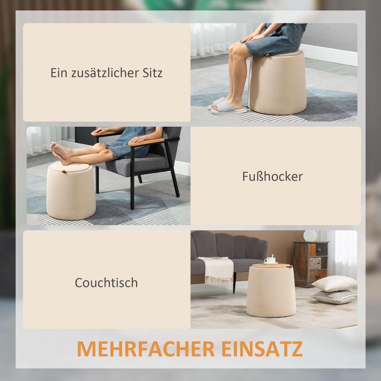 HOMCOM 2-in-1 Hocker in Samtoptik inclusive Stauraum und abnehmbaren Deckel Φ44 سم × 47,5 سم بيج