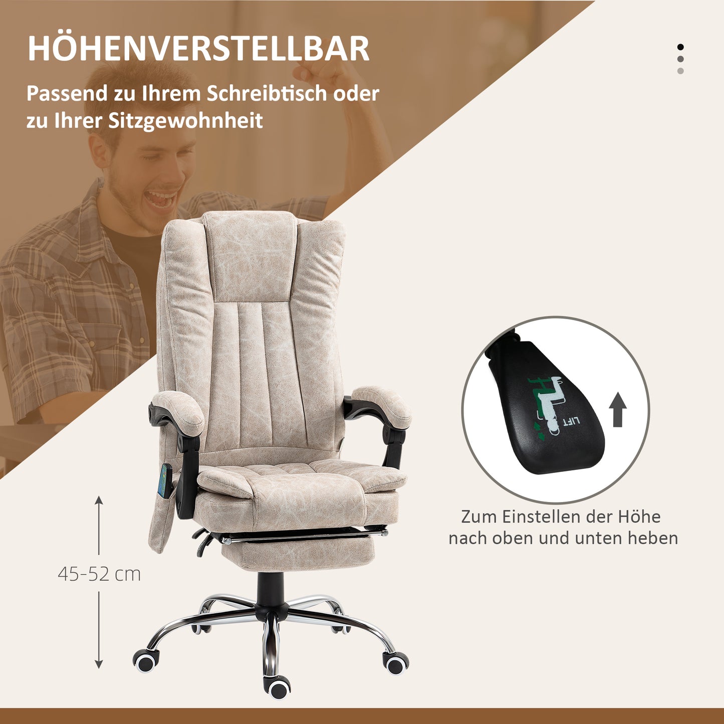 Vinsetto Bürostuhl mit Massagefunktion, Ergonomischer Schreibtischstuhl mit Liegefunktion, Heizfunktion, Seitentasche, Cremeweiß