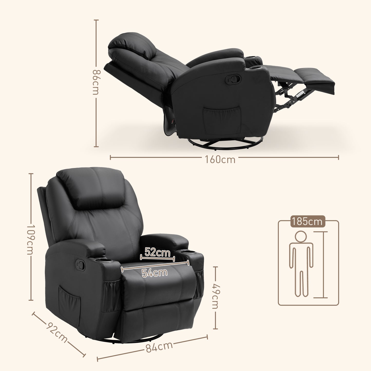 HOMCOM Massagesessel Elektrisk Relaxsessel Fernsehsessel Massagefunktion 5 Massage-Modi Liegefunktion Kunstleder Holz Metall Schaumstoff Schwarz 84 x 92 x 109 cm