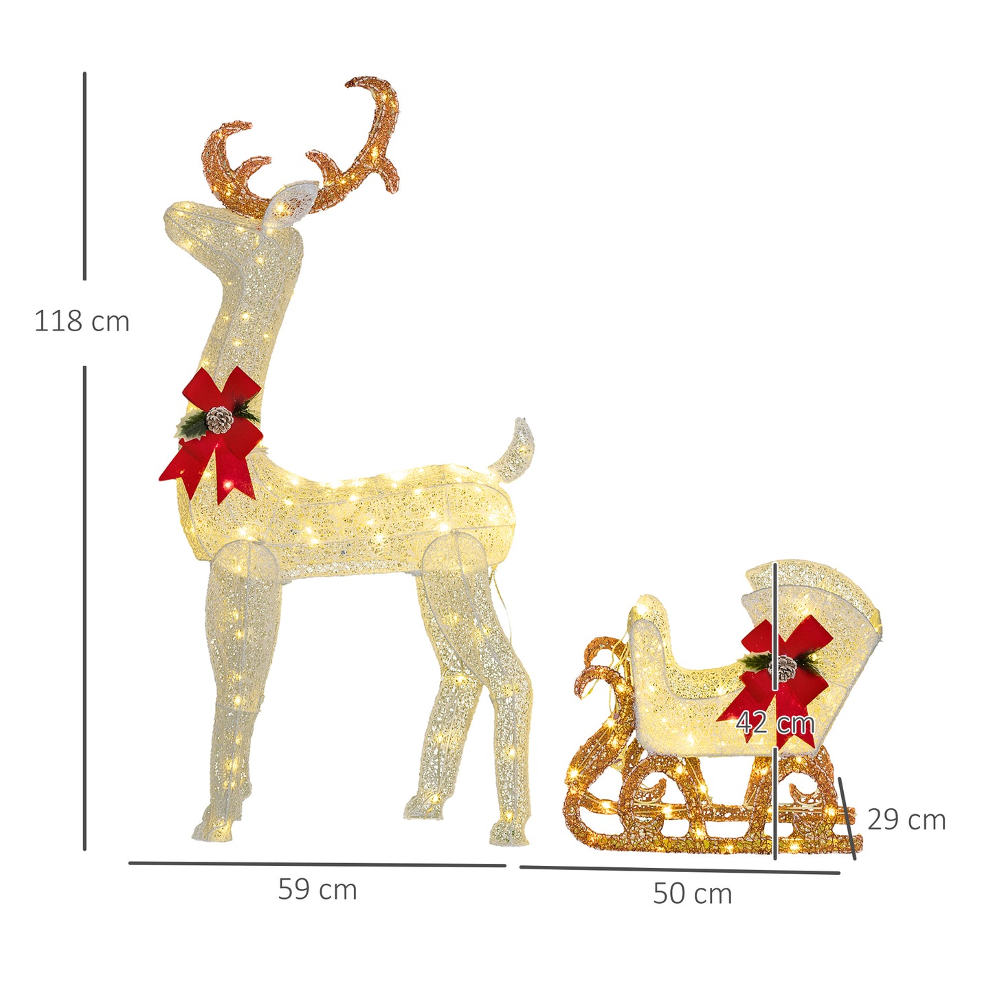 Outsunny LED-Weihnachtsdekoration, leuchtendes Rentier und Schlitten, 170 Lichter, 50 x 29 x 42 cm