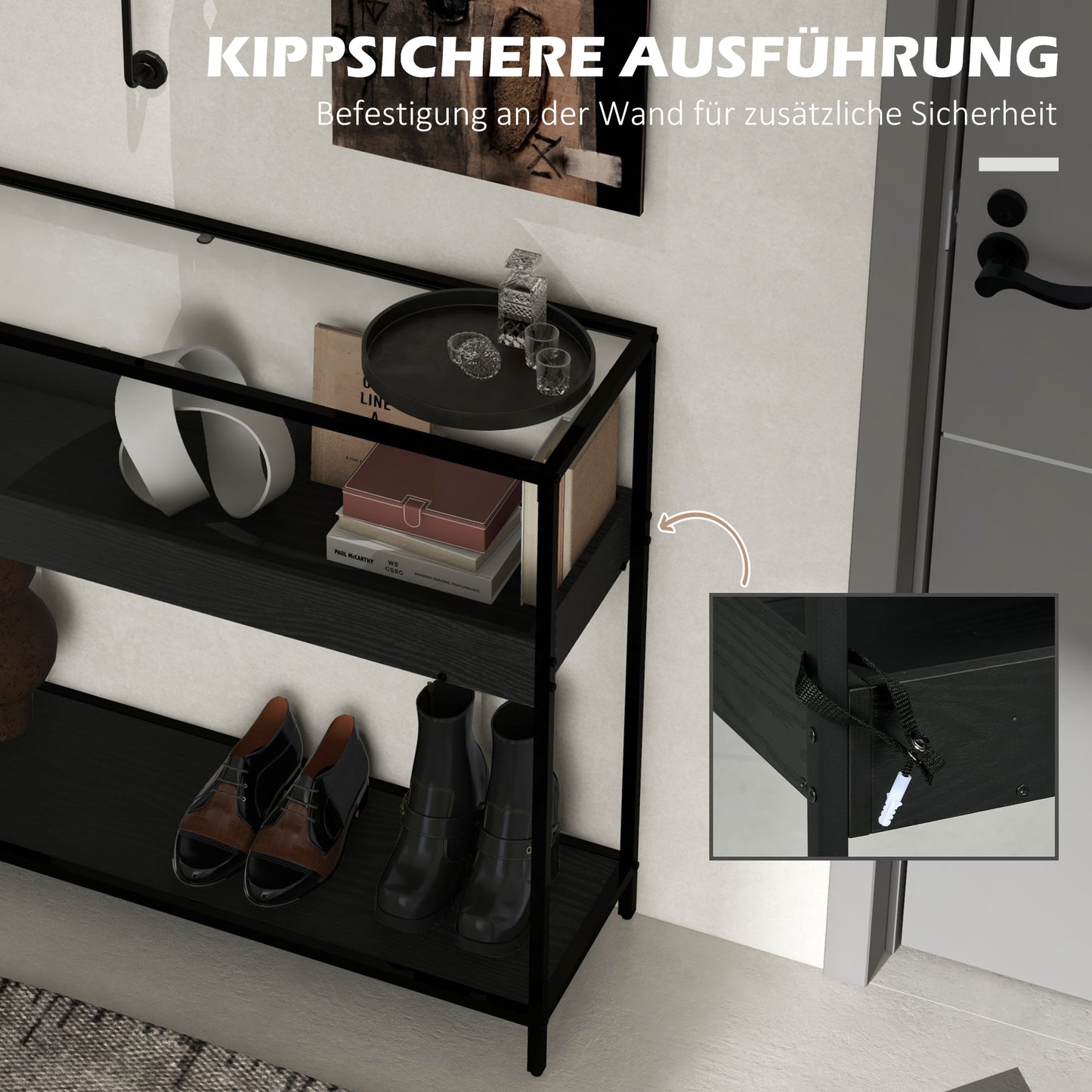 HOMCOM Konsolentisch mit 2 Regalen, Flurtisch, Flurkonsole, Schwarz