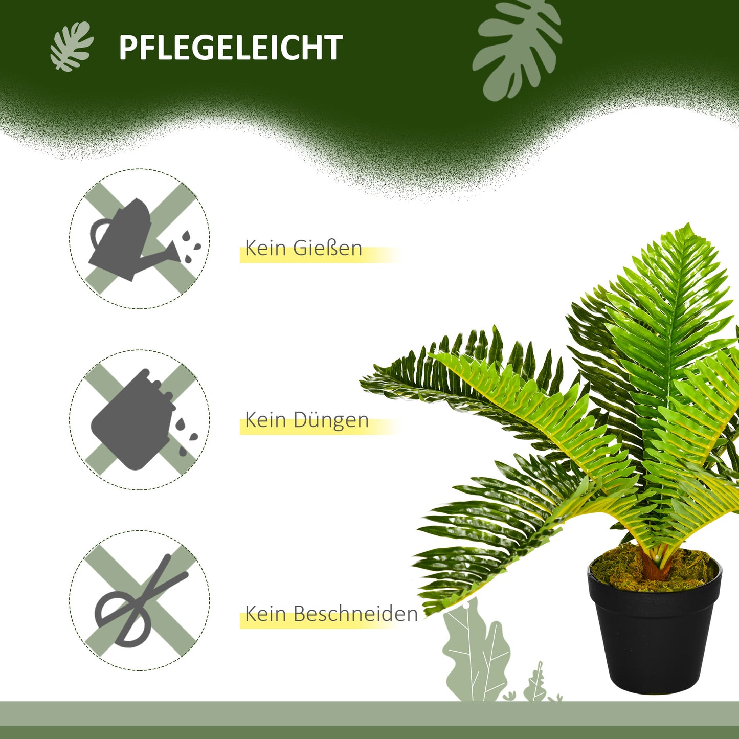 HOMCOM Kunstpflanze, Tropische Palme, inkl. Übertopf, 50 cm, Grün + Schwarz