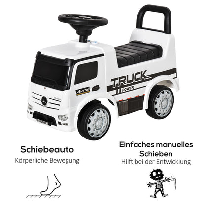 HOMCOM Rutscherfahrzeug Rutscherauto Babyrutscher Kinderfahrzeug lizenziert von Mercedes ANTOS-LKW-Stil mit Licht für Kinder von 12 bis 36 Monaten Metall PP-Kunststoff Weiß+Schwarz 62,5x28,5x45cm