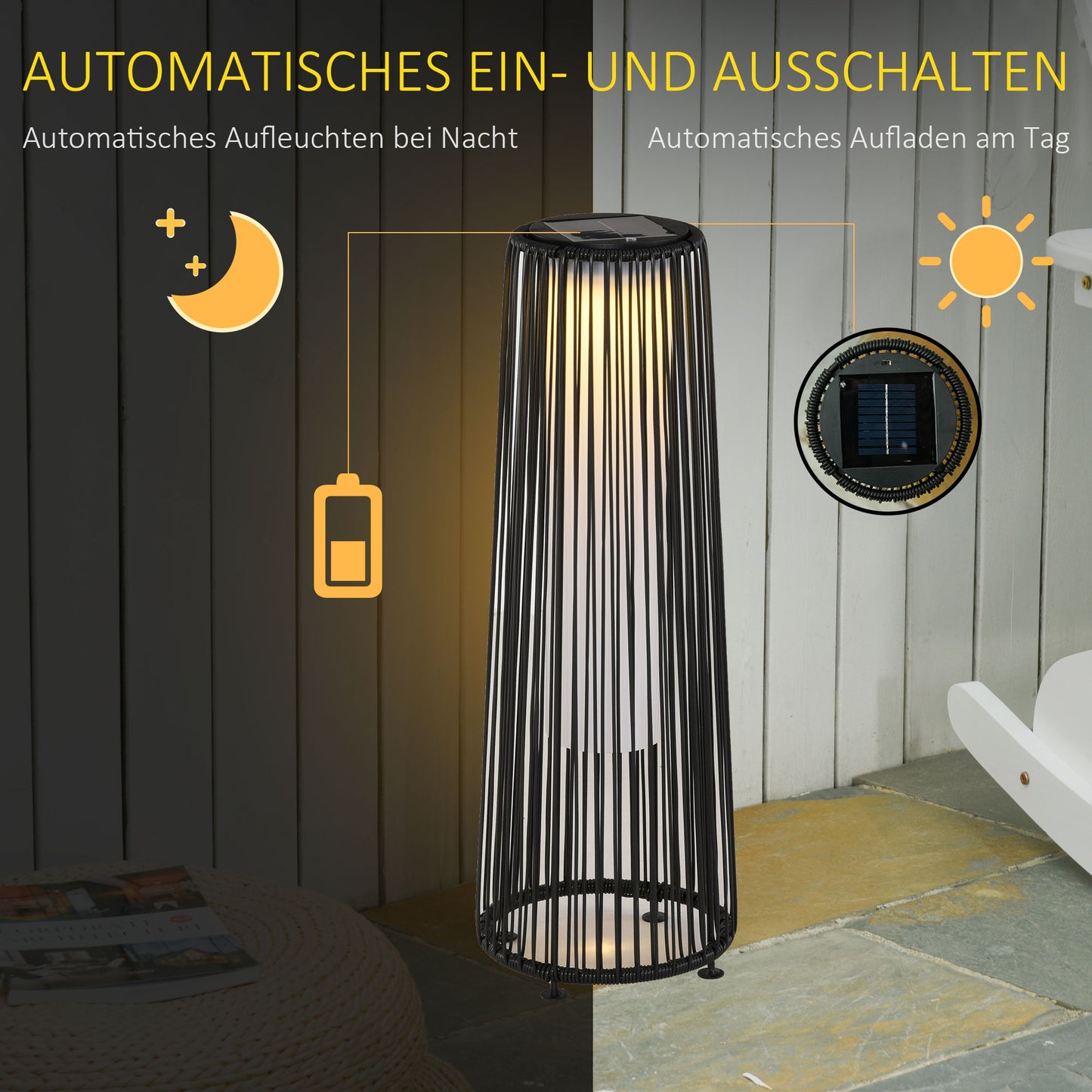 Outsunny Gartenleuchte, Außenlampe, solarbetrieben, 8 Stunden Betrieb, Rattanoptik, schwarz, 21,5 x 21,5 x 61 cm