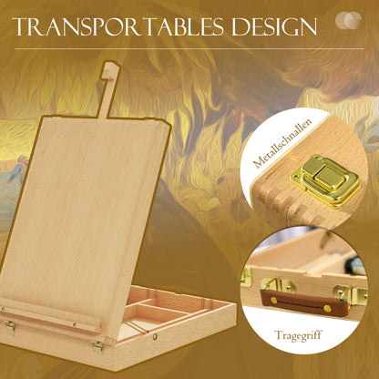 HOMCOM Tischstaffelei Tischstaffelei-Box, Buchenholz, klappbar, 27cm x 41,5cm x 74,5cm, Natur