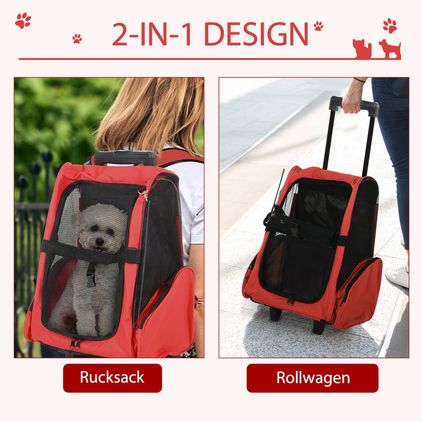 Pawhut Hundetransporttasche, Haustierrucksack, 2-in-1-Design, ausziehbarer Griff, Seitentaschen, Rot, 42 x 25 x 55cm