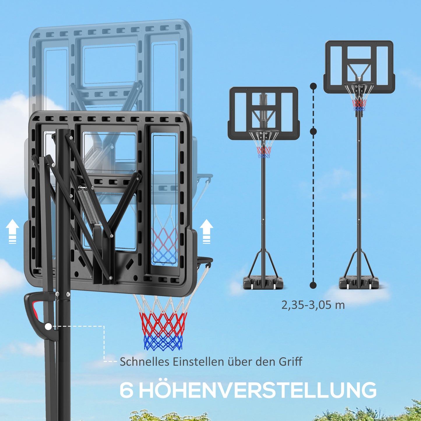 SPORTNOW Basketballständer, höhenverstellbare Korbhöhe 235-305 cm, befüllbare Basis mit Rädern, Schwarz
