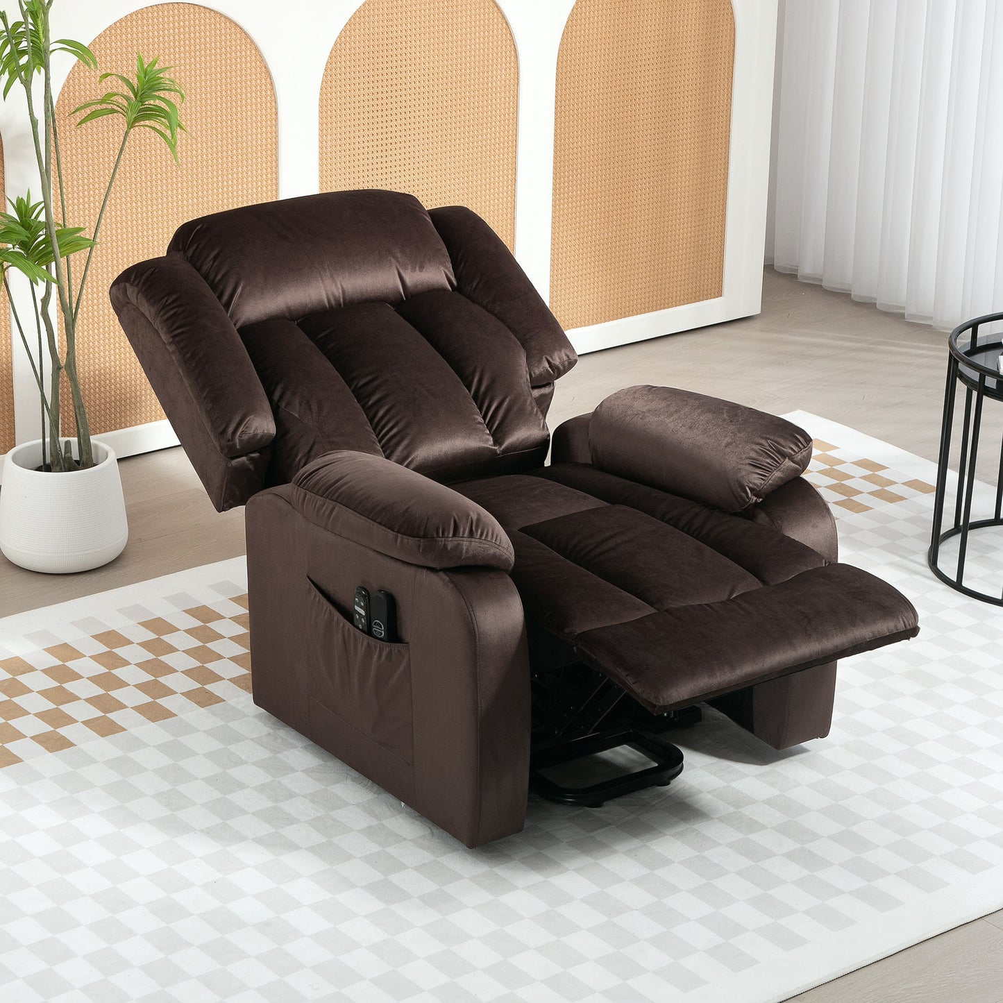 HOMCOM Aufstehsessel mit Massagefunktion und Lendenheizung, Recliner-Sessel mit Fernbedienungen und Seitentaschen, Braun