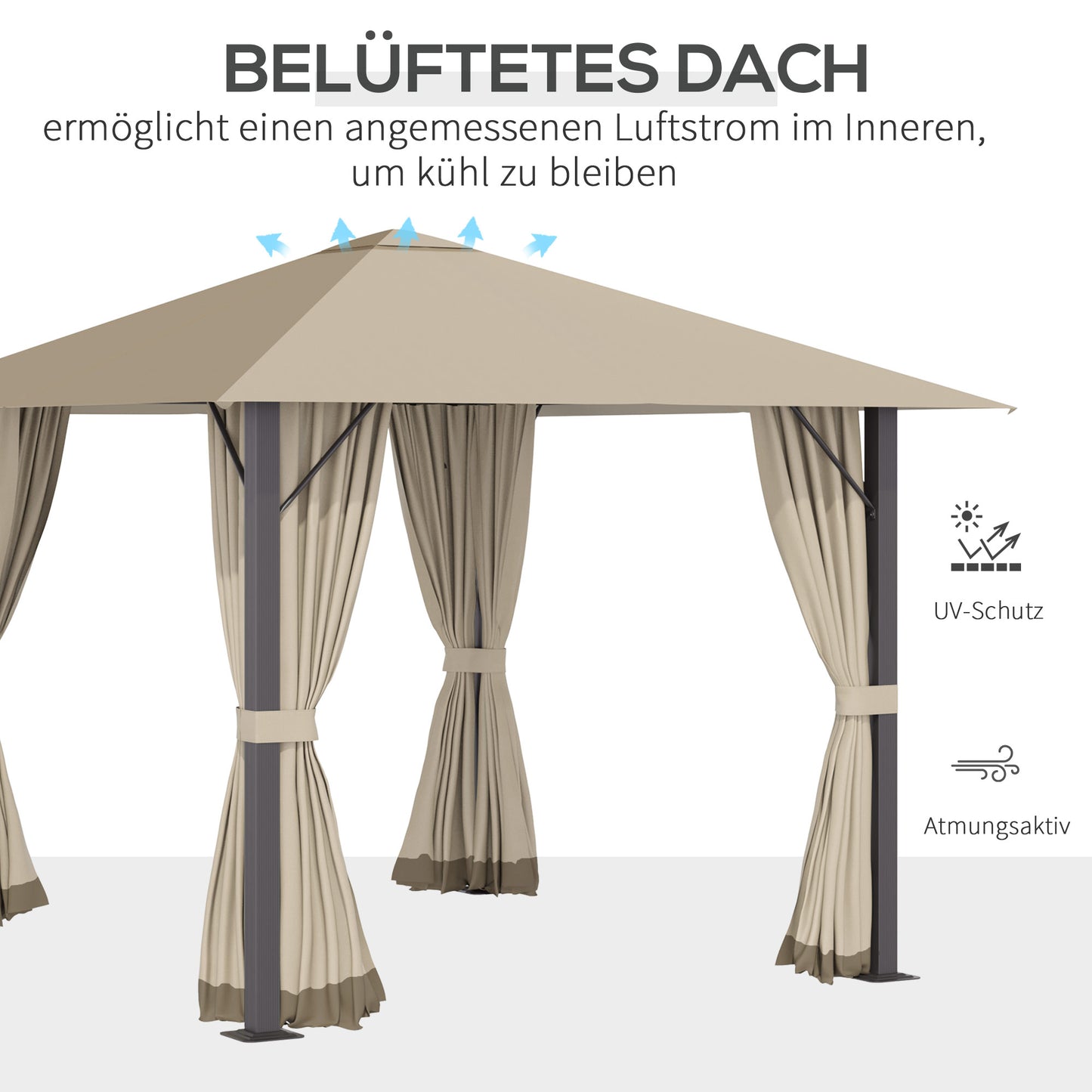 Outsunny Gartenpavillon Pavillon 3 x 3 m Gartenzelt Dach mit Belüftungslöcher Festzelt Partyzelt mit 4 x Seitenteile wetterfest Aluminium Polyester khaki
