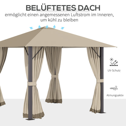 Outsunny Gartenpavillon Pavillon 3 x 3 m Gartenzelt Dach mit Belüftungslöcher Festzelt Partyzelt mit 4 x Seitenteile wetterfest Aluminium Polyester khaki