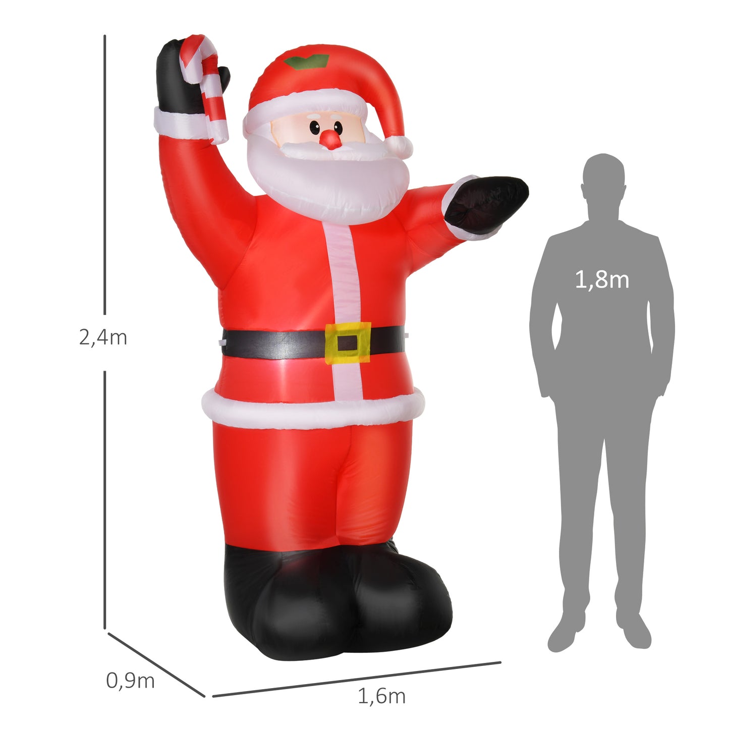 HOMCOM Aufblasbar Weihnachtsdeko, 2,4 m Weihnachtsmann mit LED-Beleuchtung, Zuckerstange