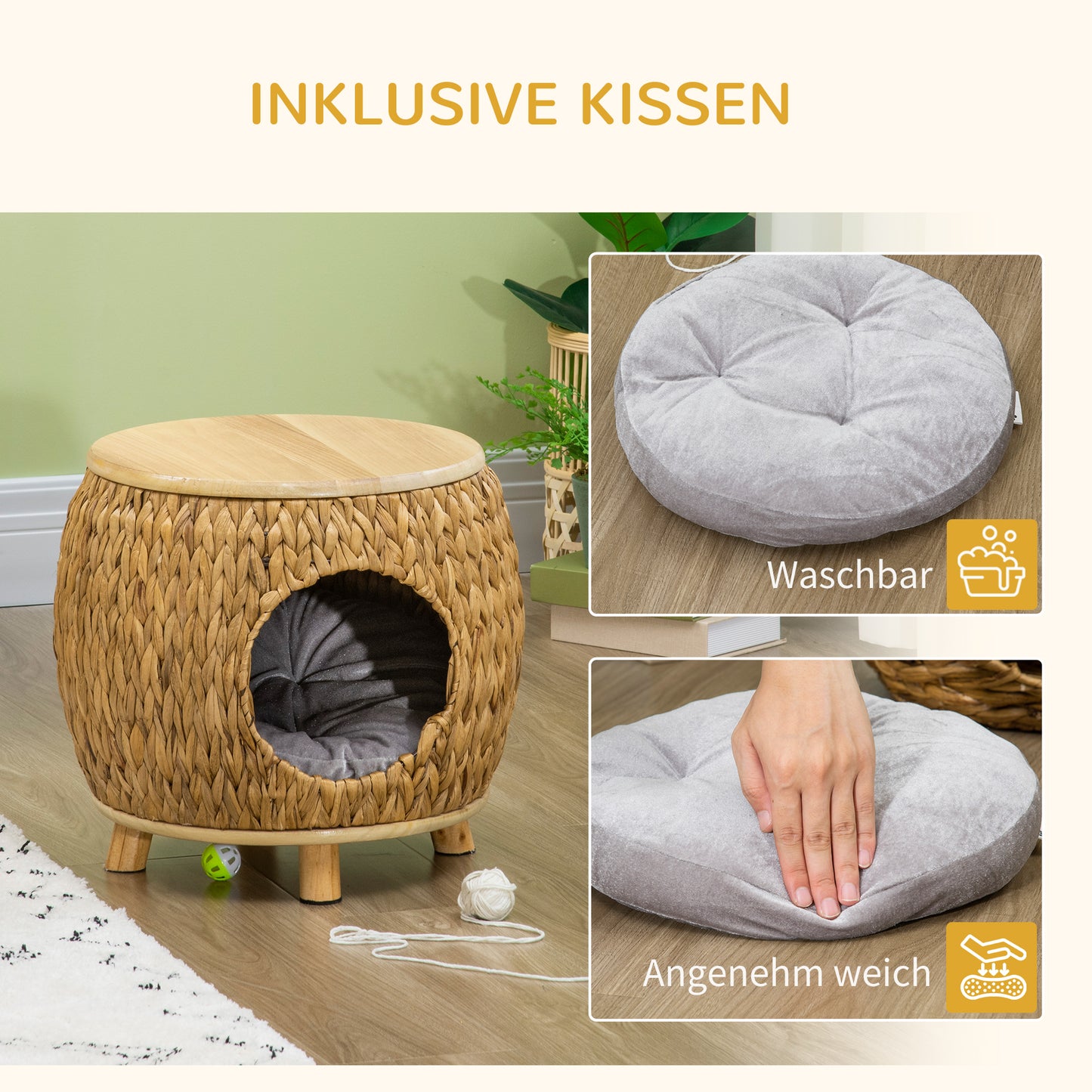 Pawhut Katzenhöhle aus Wasserhyazinthengras, waschbares Kissen, 44 cm x 43 cm x 42 cm Hellbraun+Naturholz+Grau