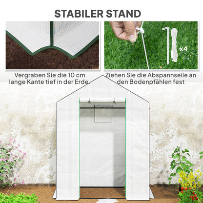 Outsunny Gewächshaus mit Regalen, Mini-Treibhaus, UV-beständig, Netzfenster, Reißverschlusstür, 143L x 74B x 190H cm, Weiß
