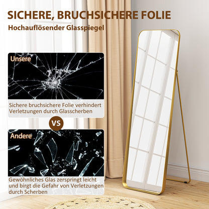 HOMCOM Ganzkörperspiegel, freistehend, neigbar, Metallrahmen, MDF, 160 x 50 cm, Goldfarben
