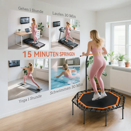 SPORTNOW Fitness-Trampolin, Trainingstrampolin mit verstellbarem Haltegriff, stabil und leise, für drinnen, Stahl, Orange