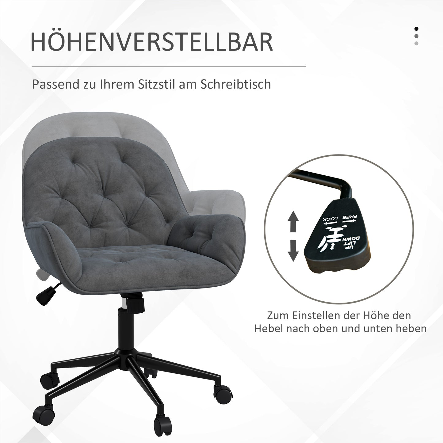 Vinsetto Bürostuhl Schreibtischstuhl Computerstuhl, höhenverstellbar, Samt-Optik, Grau