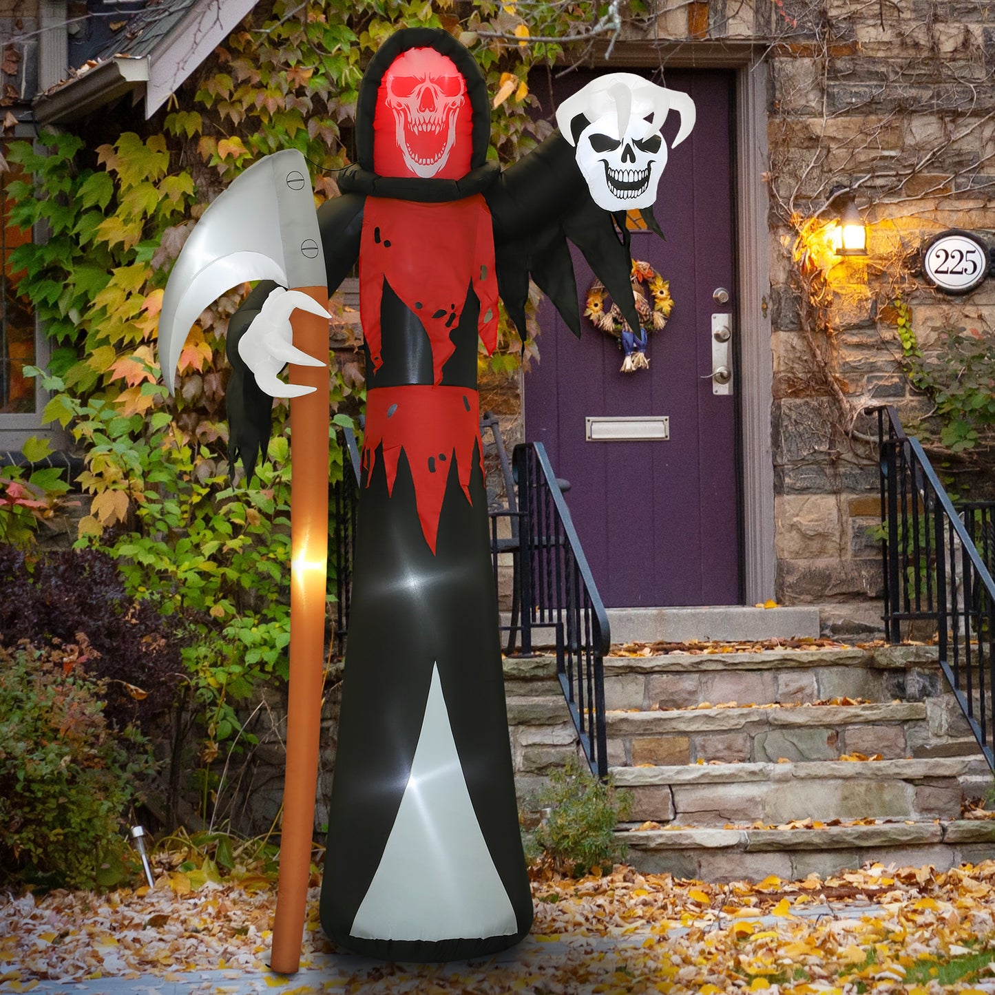 Outsunny Halloween-Dekoration 3,7 m riesiger Sensenmann mit LED-Beleuchtung Leuchtende Luftfigur für Outdoor