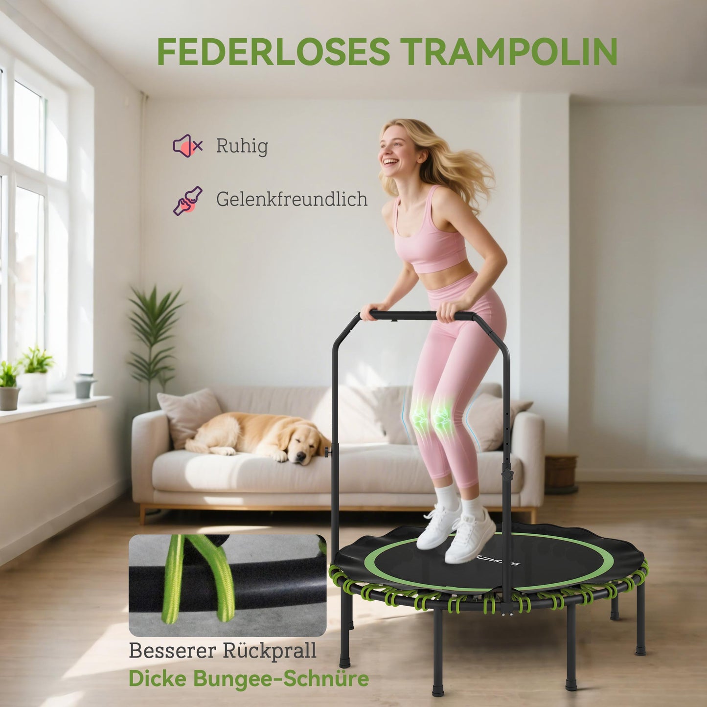 SPORTNOW Fitness-Trampolin mit verstellbarem Handlauf, Sport-Trampolin für drinnen und draußen, Stahl, Kunststoff, Grün