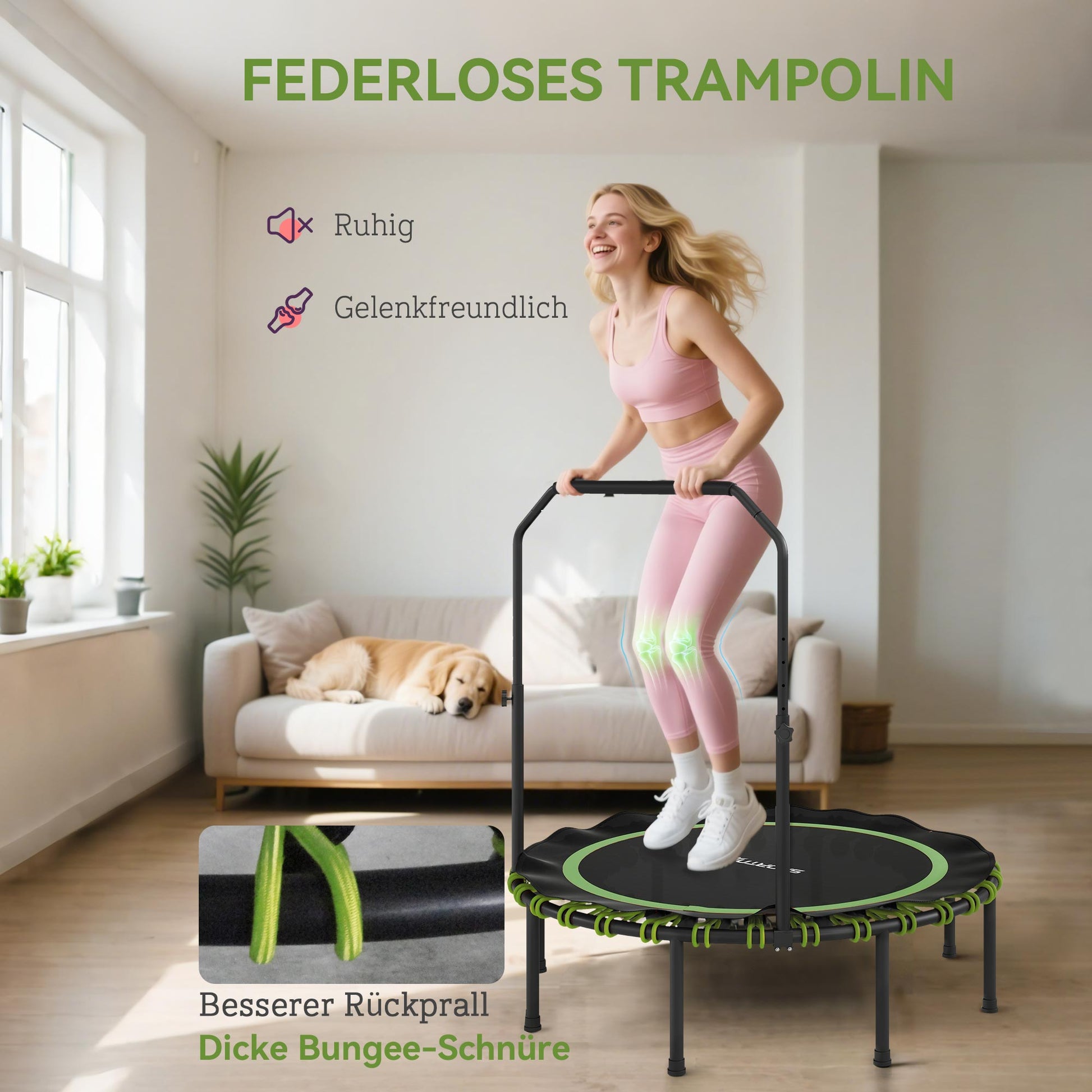 SPORTNOW Fitness-Trampolin mit verstellbarem Handlauf, Sport-Trampolin für drinnen und draußen, Stahl, Kunststoff, Grün