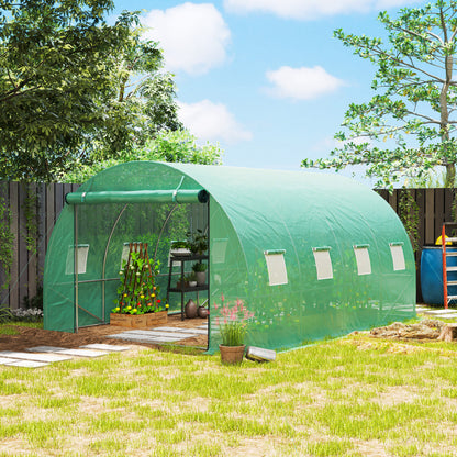 Outsunny Polytunnel Gewächshaus mit Kunststoff-Abdeckung und Stahlrahmen, begehbares Gewächshauszelt mit Rolltüren, Grün