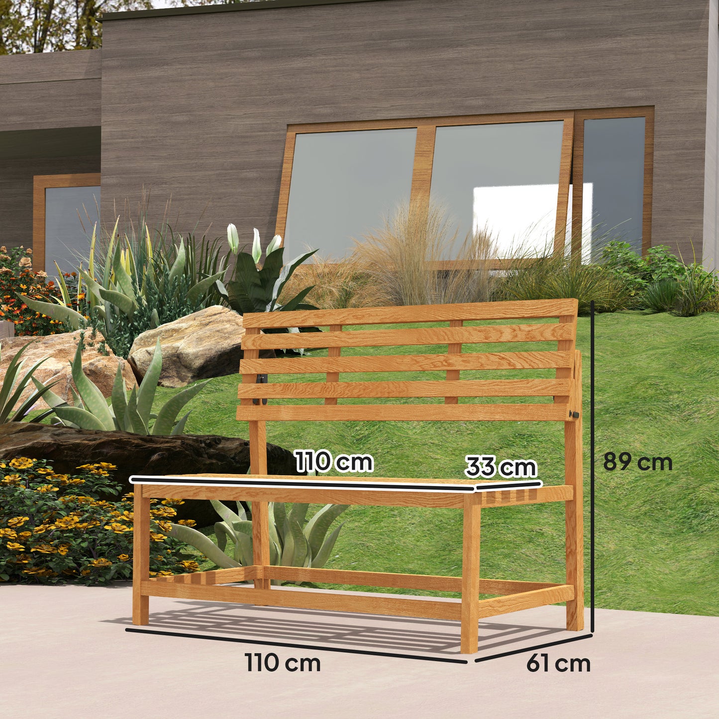Outsunny 2-Sitzer Gartenbank Holz, wetterfest Sitzbank, UV-Beständig Gartenmöbel mit Umwandelbare Rückenlehnen 110x61x89cm, Teak