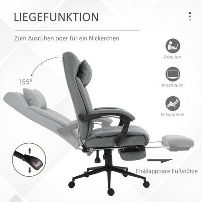 Vinsetto Bürostuhl mit Kopfkissen Armlehne Schreibtischstuhl mit Neigungswinkel Höhenverstellbarer Drehstuhl mit Fußstütze Leinen Schaumstoff PVC Hellgrau 66 x 76 x 112-120 cm