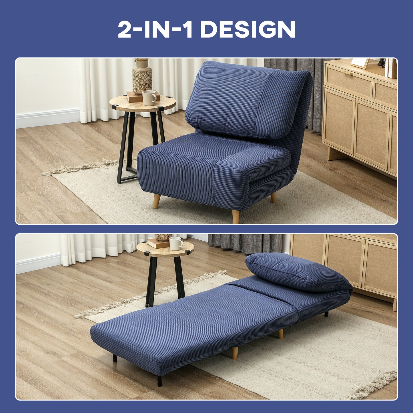 HOMCOM 2-in-1 Schlafsessel Gästebett, verstellbare Kopfstütze Cord-Optik 82 cm x 8 cm x 83 cm Blau