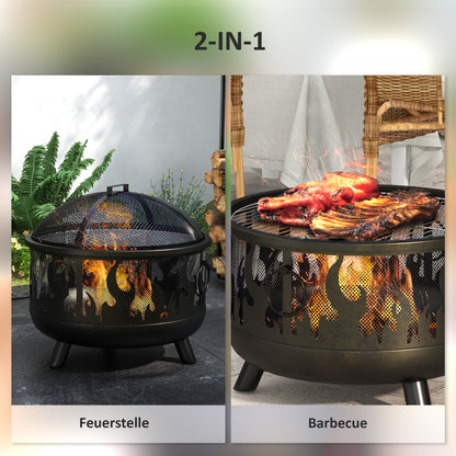 Outsunny Feuerschale Feuerstelle, inkl. Funkenschutz, 1 Schürhaken, Ø61,5 cm x 52 cm, Schwarz
