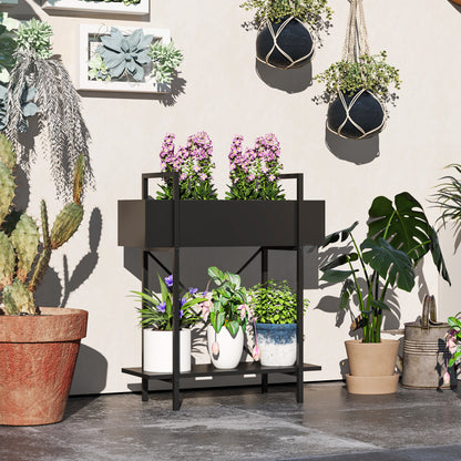 Outsunny Pflanzenständer, Blumentopfständer mit 2 Ebenen, Ablauflöcher, für drinnen und draußen, Metall, Schwarz
