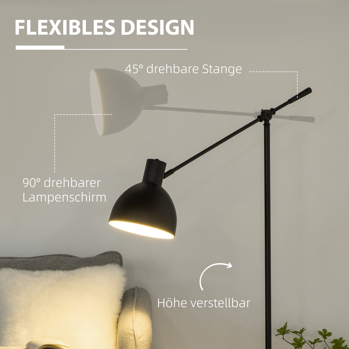 HOMCOM Stehleuchte im Industriedesign, höhenverstellbar, Bodenschalter; 30 m x 30 cm x 131 cm, Schwarz