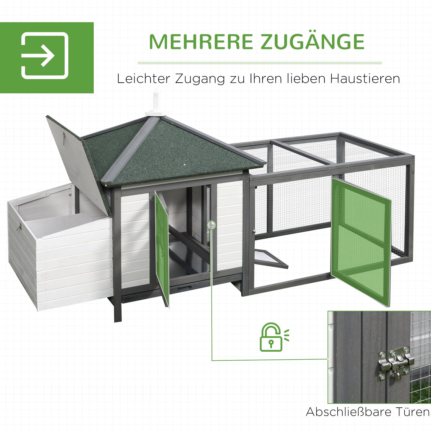 PawHut Hühnerstall für Zwerghühner 196 × 76 × 97 سم Hühnerhaus mit Nistkasten, Freilaufgehege Sitzstange, Kleintierstall aus Holz, Grau