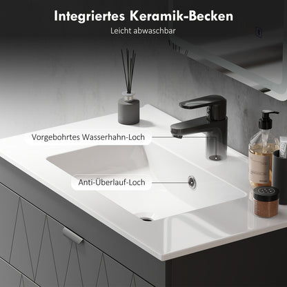 HOMCOM Waschbeckenunterschrank Hängender Unterschrank mit Keramikwaschbecken Soft-Close-Schubladen Schwarz