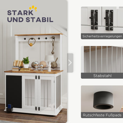PawHut Hundebox mit Aufbewahrungsregal für Spielzeug, Haken für Leinen, Schreibtafel, Radiergummi, für große Hunde, Weiß