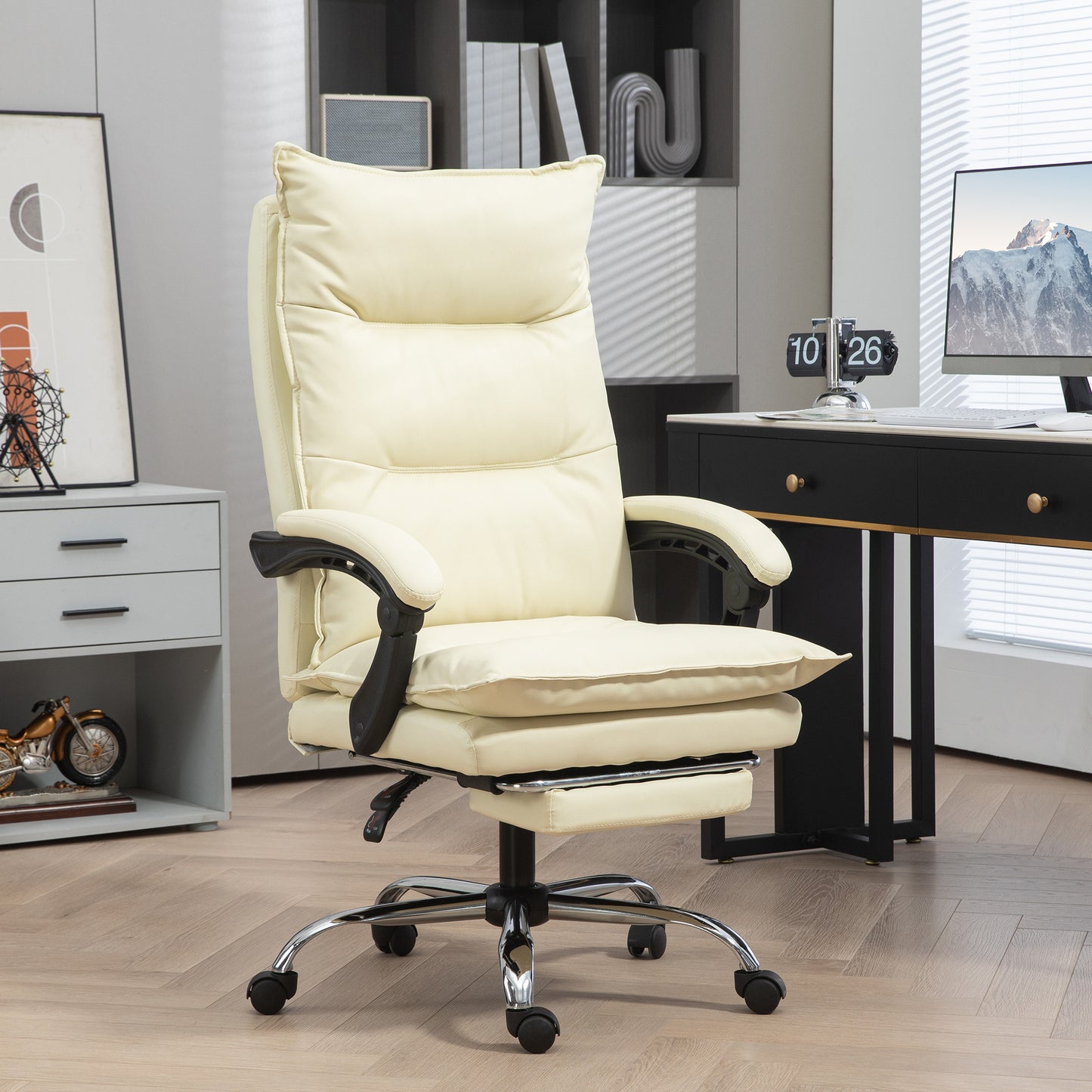 Vinsetto Bürostuhl, verstellbare Sitzhöhe, Fußstütze, Kunstleder, bis 135 kg, Metallbasis, 66x72x116-124cm, Beige