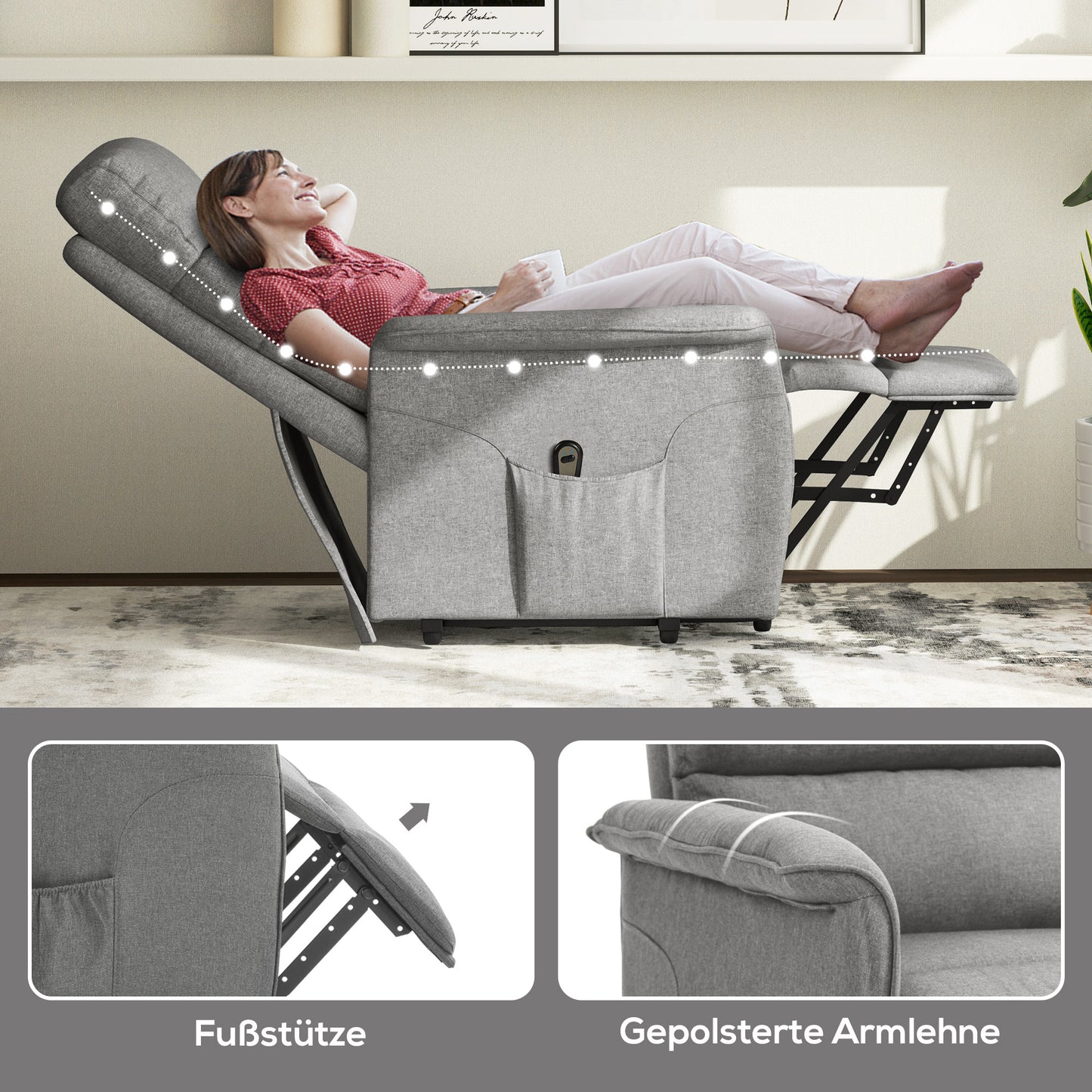 HOMCOM Relaxsessel mit Aufstehhilfe, verstellbare Rückenlehne/Fußstütze, bis 120 kg, 66 x 90 x 96 cm, Grau