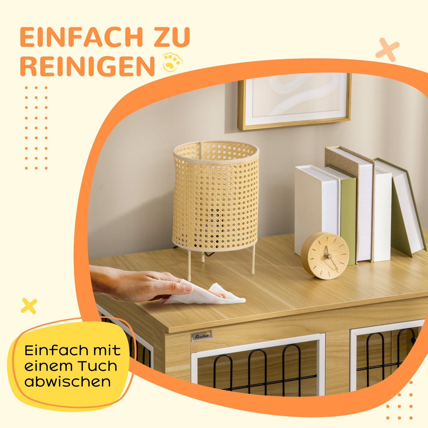 PawHut Hundekäfig, waschbares Kissen, Hundebox, 2 Verriegelungen, 90 cm x 58 cm x 65 cm, Natur + Schwarz + Weiß