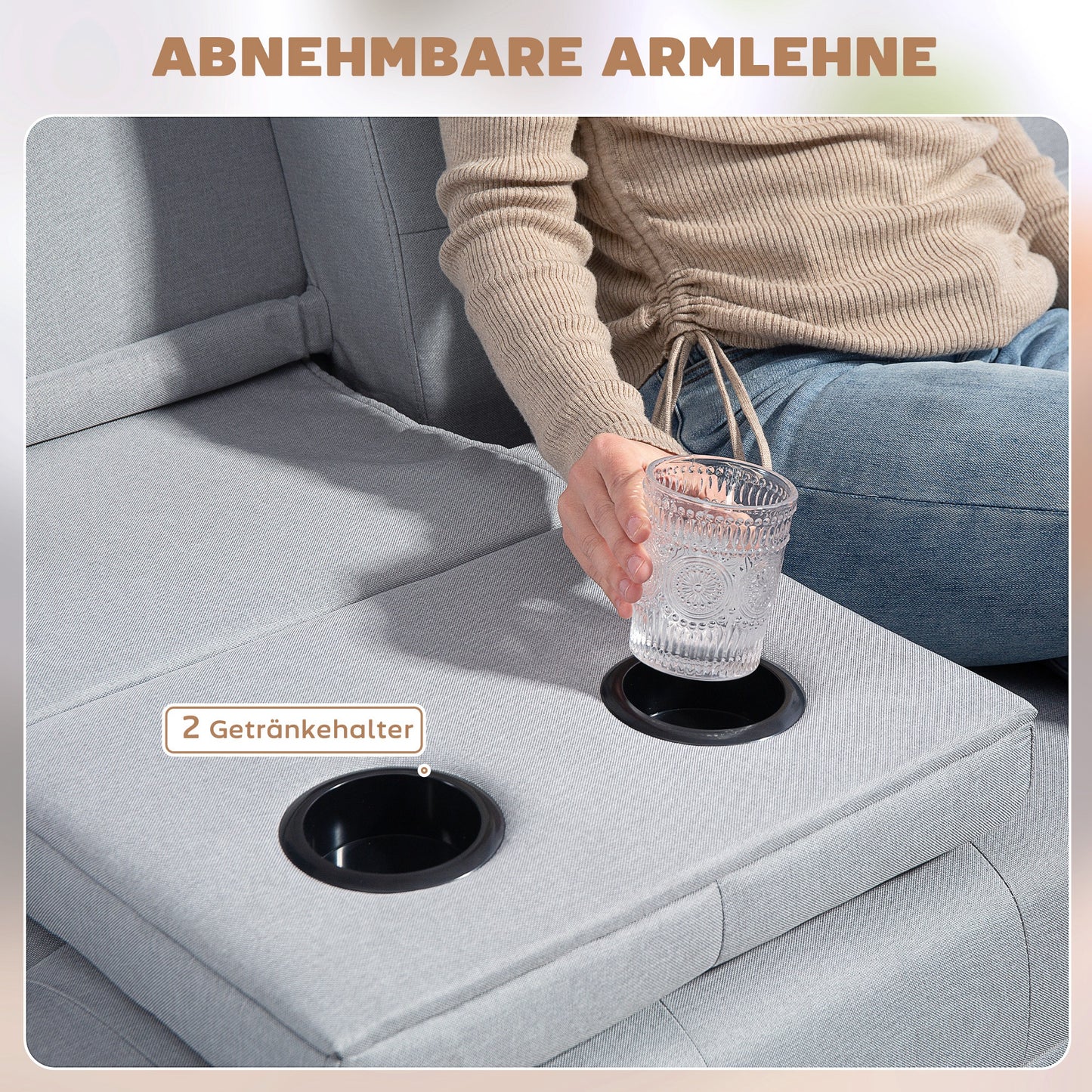 HOMCOM Schlafsofa، 3-Sitzer-Sofa، Bettsofa mit Klappbarem Tisch، Stoffsofa mit Leinenoptik، Schlafcouch mit Becherhalter، im Skandi-Design، bis 250kg Belastbar، Hellgrau
