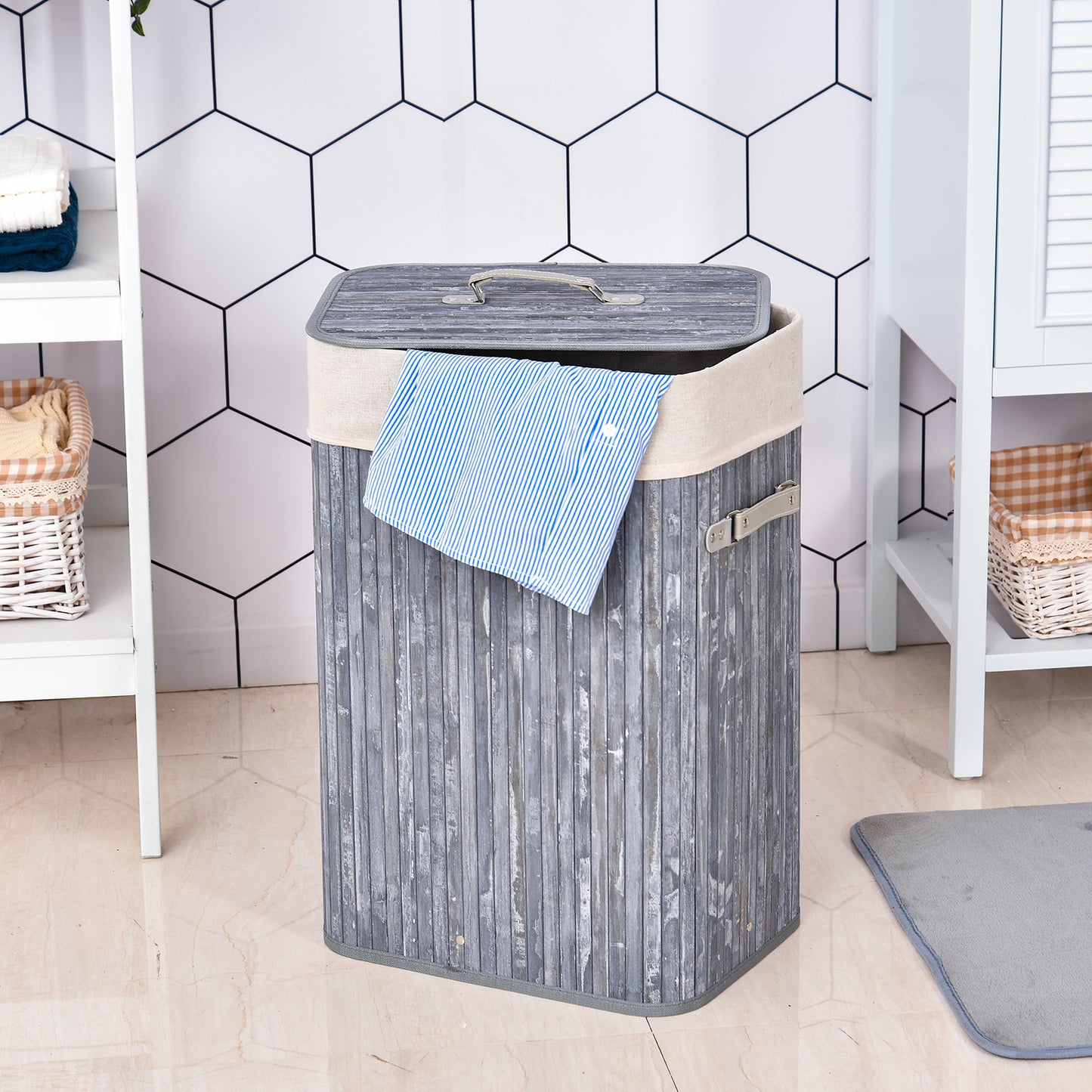 HOMCOM Wäschekorb schmal mit Deckel 72L Wäschesammler mit Griff, herausnehmbarer Wäschesack, Wäschebox für Waschküche Schlafzimmer Badezimmer, Grau