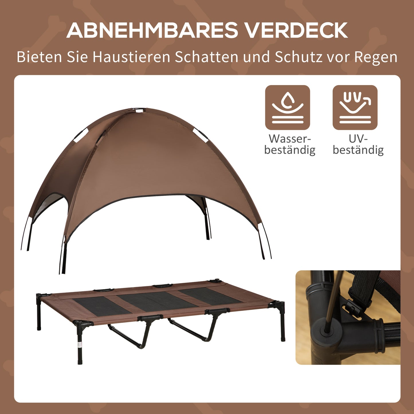 PawHut Erhöhtes Hundebett mit Baldachin, Haustierbett, Hundeliege outdoor mit Dach, Atmungsaktiv, Taftstoff für Camping Kaffee 122 x 92 x 108 cm