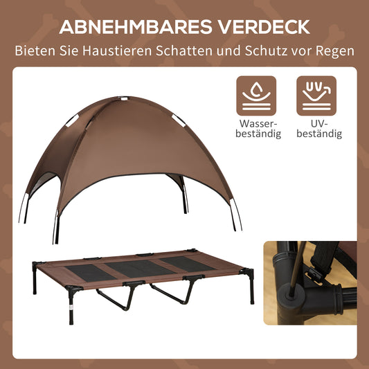 PawHut Erhöhtes Hundebett mit Baldachin, Haustierbett, Hundeliege outdoor mit Dach, Atmungsaktiv, Taftstoff für Camping Kaffee 122 x 92 x 108 cm