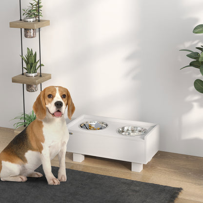 PawHut Erhöhte Fütterungsstation für Hunde, mit abnehmbarer Slow-Feeder-Matte, 2 Aluminiumschüsseln, Stauraum, Weiß